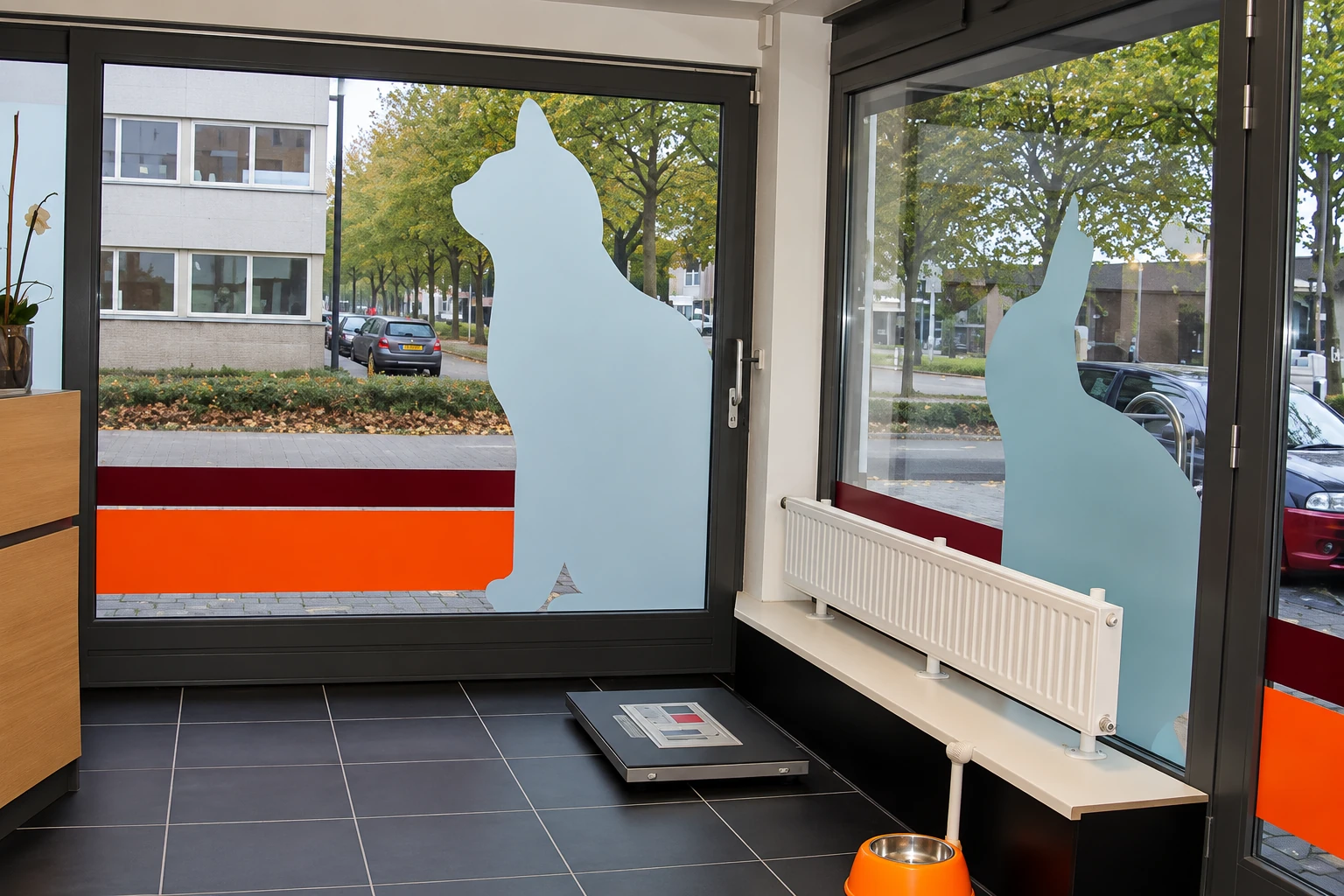 Klapwijk aannemersbedrijf dierenkliniek entree interieur glasfolie